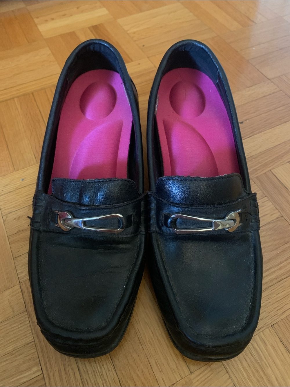 Black Leather Loafers with Pink Insoles